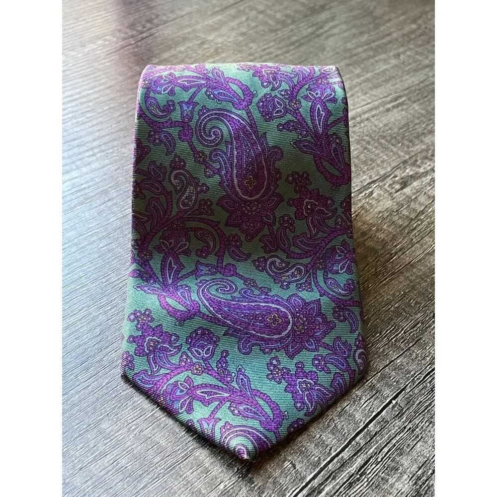Vintage Bert Pulitzer Lord & Taylor Silk Tie Teal Purple Floral Paisley Foulard